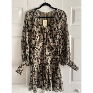 Ramy Brook Women's Small Olive Printed Maggie Dress Sheer Sleeve NEW MSRP 445